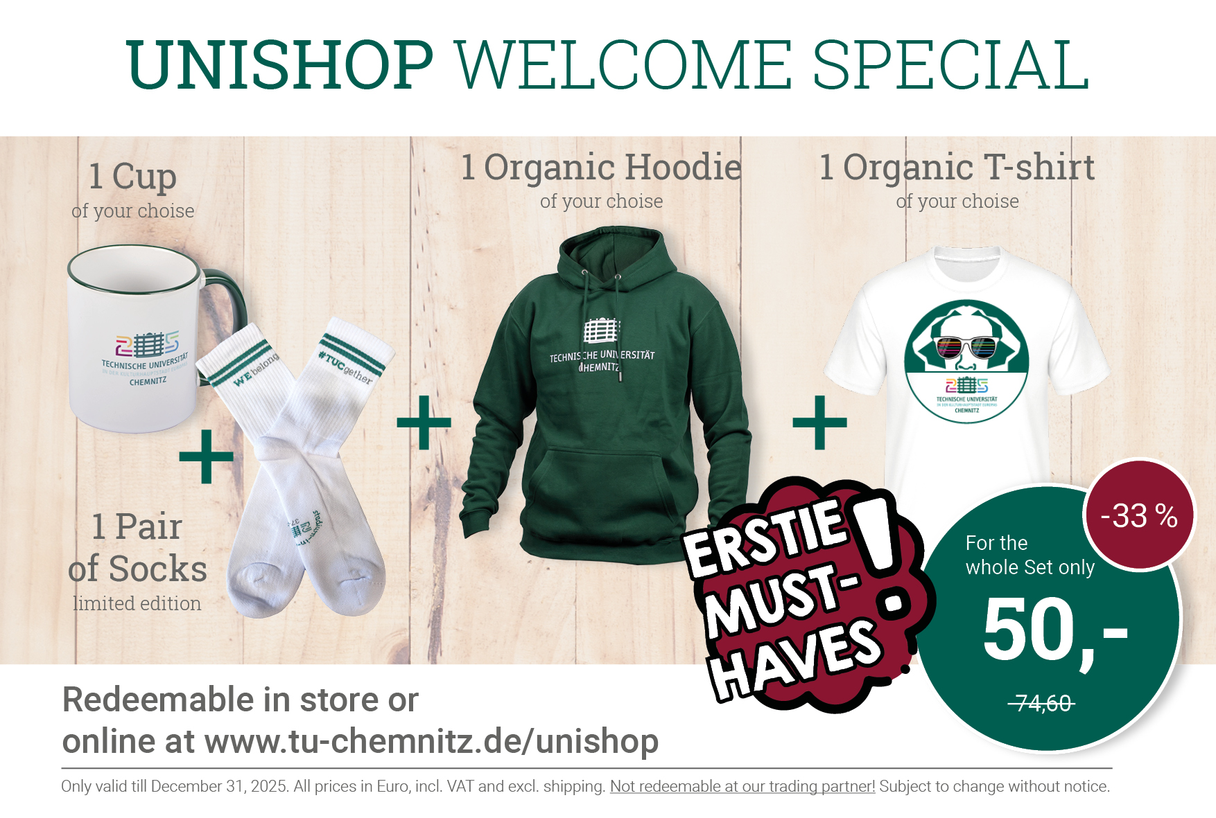 Advertisement for the Unishop: Sweatshirt + Capital of Culture 2025 mug + 1 organic cotton T-shirt + 1 pair of socks for a special price of 50 euros